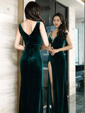 V Neck Sleeveless Sexy Lady Long Party Dress Green Black Velour High Split Women Vestidoes Robe