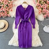 Women Sexy Crossover V Neck Long Sleeve Knitted Dress Autumn Winter Midi Dress With Belt Elegant Bodycon Dress