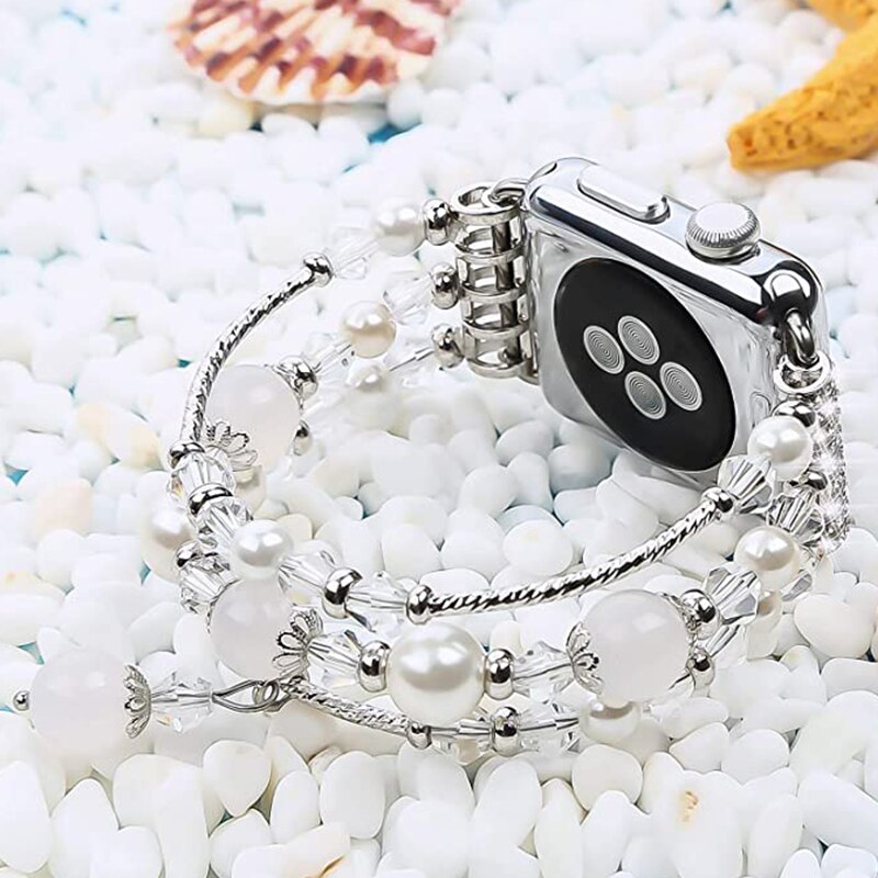 Diamond Jewelry Strap For Apple Watch 7 41mm 45mm Band 38/42mm Women Pearl Elastic Belt For iWatch Bands SE 6 5 40/44mm Bracelet