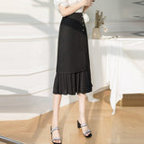 Office Lady Elegant A-line Long Skirts Fashion Korean Style Ruffles High Waist Women Pleated Skirt