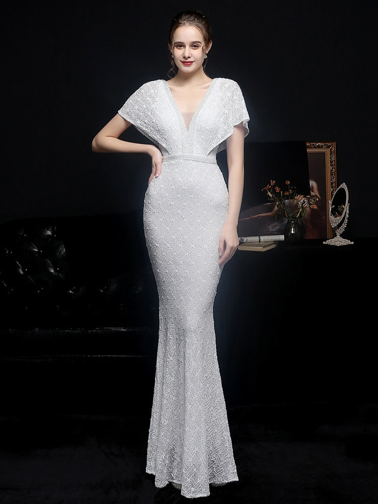 Elegant Evening Dress New Women Sliver Sequin Dress V Neck Beaded Party Maxi Dress