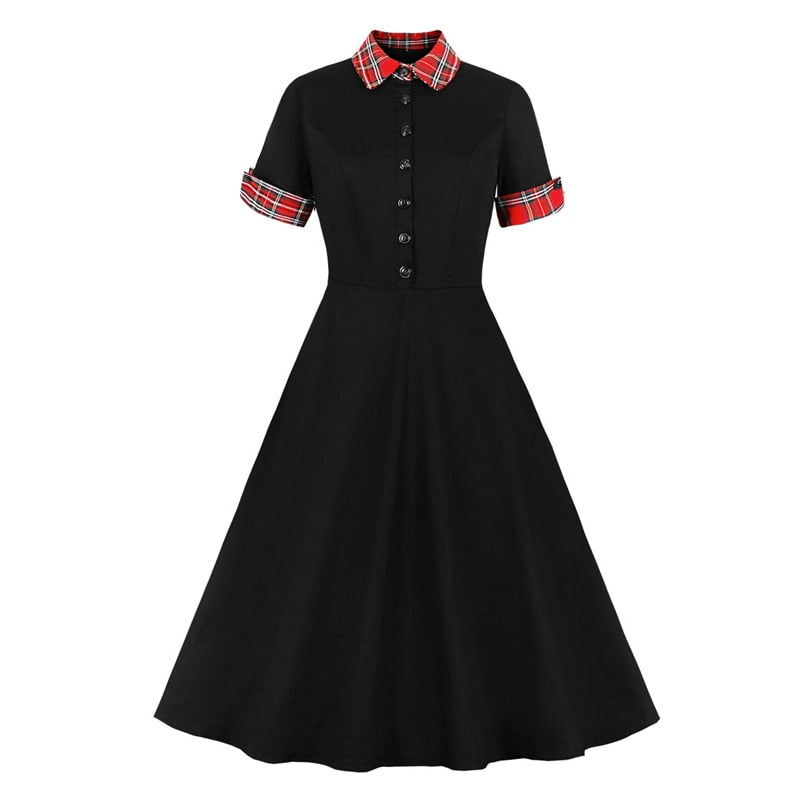 Contrast Tartan Collar and Cuff 1950s Vintage Black Midi Dress Rockabilly Button Up Elegant Women 95% Cotton Swing Dresses