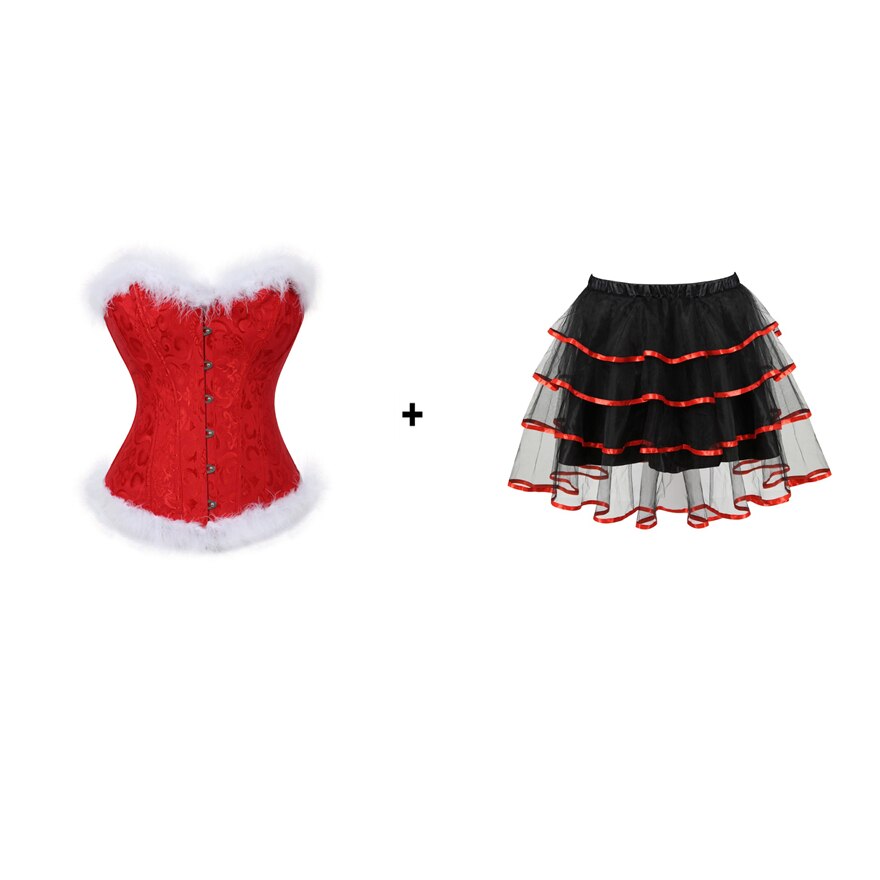 Christmas Overbust Corset Dress Burlesque Feathers Bustier Lingerie Gothic Vintage Floral Lace Corset Skirt Set Sexy Costume Red