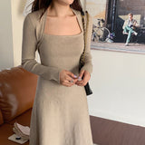 Autumn Winter Dresses For Women Elegant Vintage Queen Anne Neck Long Sleeve Knitted Dress Solid Casual Midi Dress