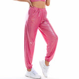 Reflective Women High Waist Metallic Jogger Trousers Shiny Holographic Loose Hip Hop Dance Pants