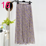 Summer New Vintage Floral Print Chiffon Pleated Skirt Elastic High Waist Casual Midi Skirt