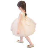 Champagne Bow With Pearls Flower Girl Dress Ball Gown Kids Formal Wedding Dress