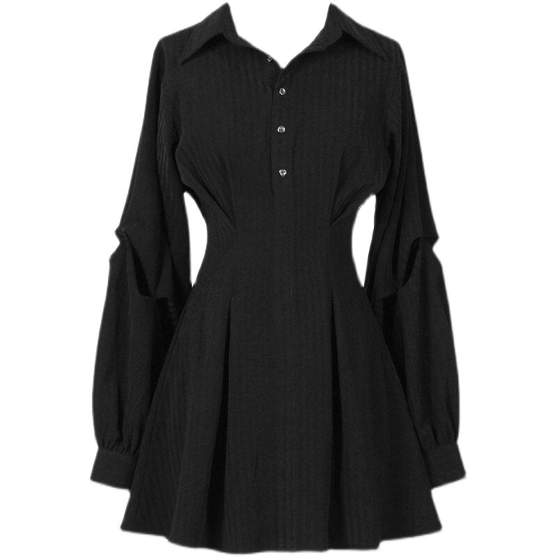 Streetwear Punk Gothic Black Shirt Dress Fashion Hip Hop Grunge Clothes Long Sleeve V Collar Slim High Waist Mini Dresses