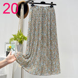 Summer New Vintage Floral Print Chiffon Pleated Skirt Elastic High Waist Casual Midi Skirt