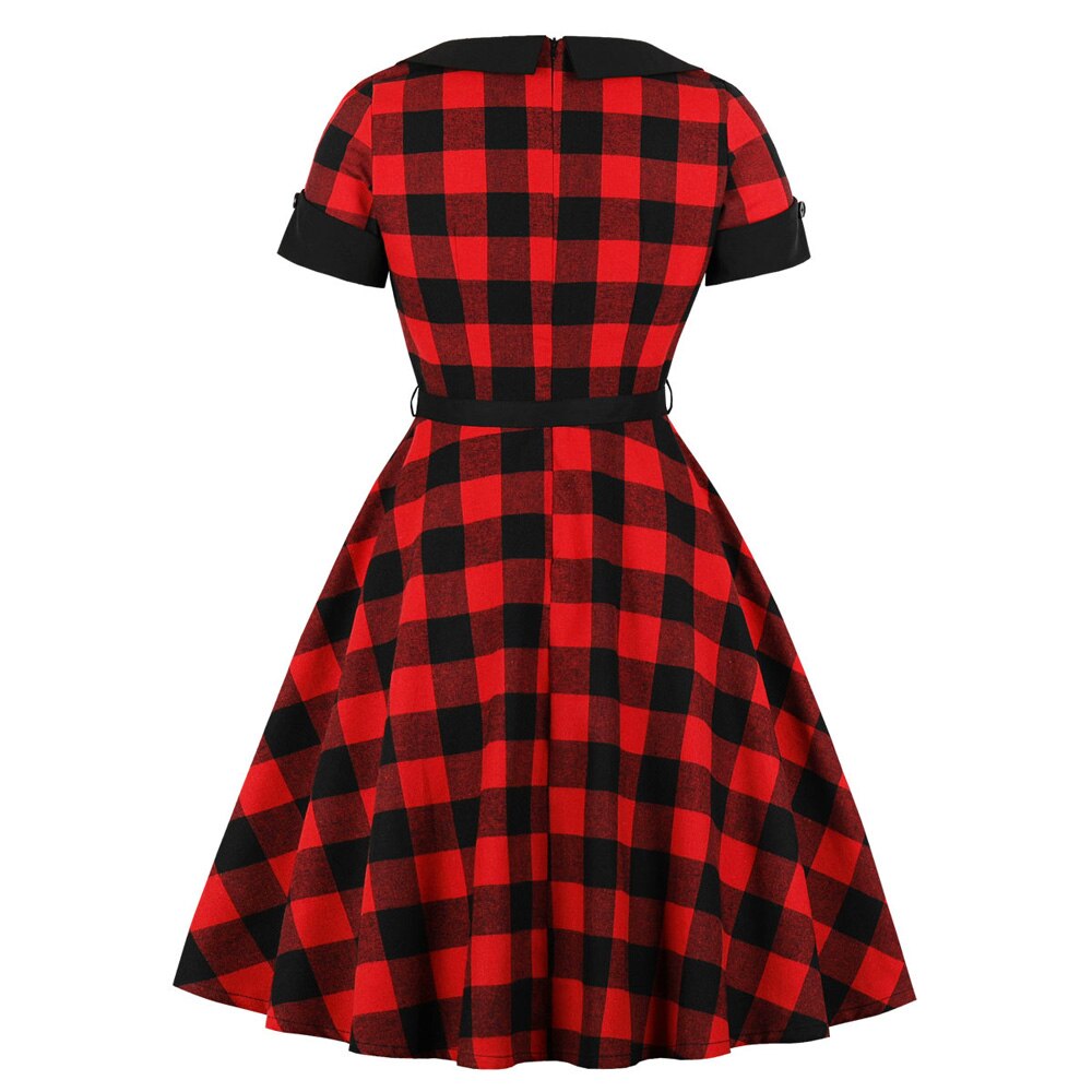Black Red Plaid Short Sleeve Elegant Robe Pin Up Swing Retro Vintage Dress