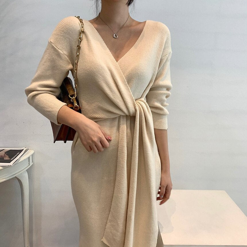 Crossover V Neck Long Sleeve Knitted Dress Autumn Winter Solid Waist T jetechband Crossover V Neck Long Sleeve Knitted Dress Autumn Winter Solid Waist T jetechband