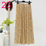 Summer New Vintage Floral Print Chiffon Pleated Skirt Elastic High Waist Casual Midi Skirt