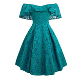 Elegant Lace Ruffle Dress Vintage Turquoise Floral Off Shoulder Sexy Women Party Night A-Line Dress