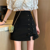 Women High Waist Mini Skirts Korean Style All-match Lace-up Ladies Elegant A-line Black Skirt