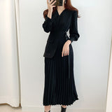 Elegant Office Lady Side Belted Overlay Pleated Dress Crossover V Neck Long Sleeve Midi Dress