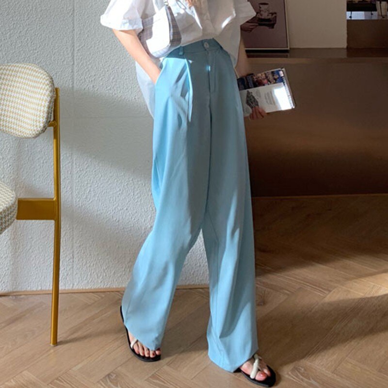 Women High Waist Loose Casual Pants Korean Style Solid Color All-match Ladies Straight Trousers