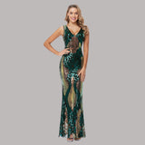 Plus Size Cocktail Long Sexy Mermaid V Neck Sleeveless Sequins Formal Party Dress