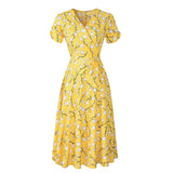 Summer Elegant Short Sleeve Chiffon Dress Women Floral Printing Vintage A-Line Bohemian Beach Midi Sundress Plus Size