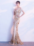 Short-sleeve O-neck Backless Floor-length Evening Dress Sequins Tulle Formal Women Gold Long Gowns Elegant Robe De Soriee