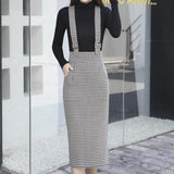 Spring Summer Plaid Women Straps Midi High Waist Workwear Back Split Sheath Pencil Skirts