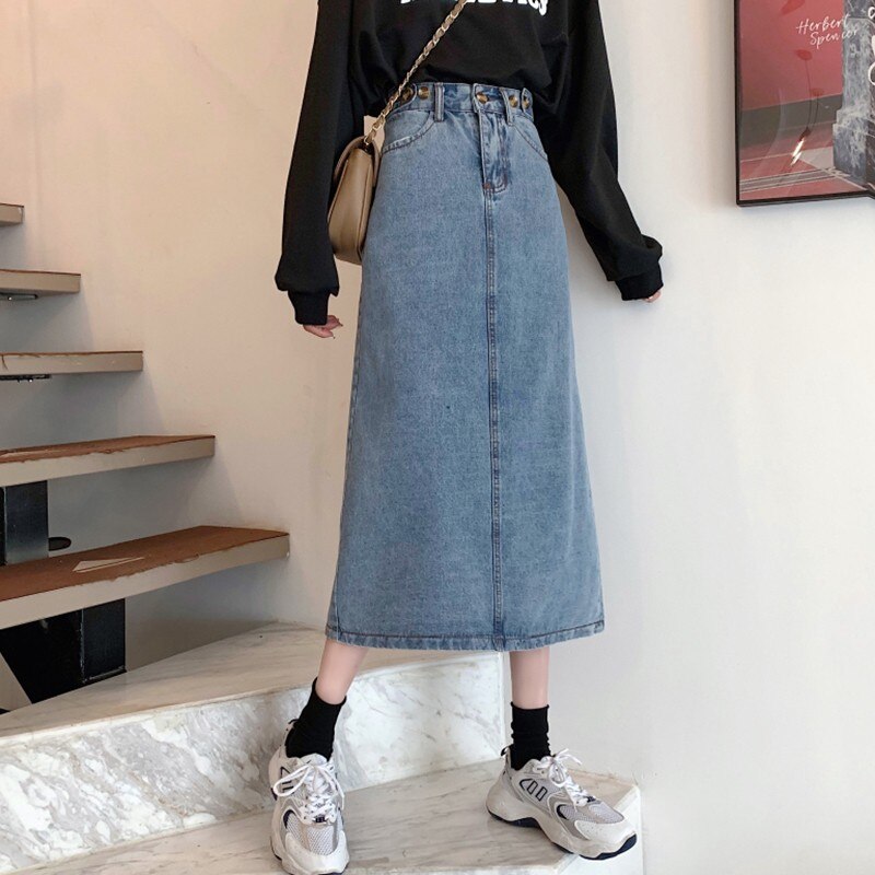 Women Casual Jean Skirts Korean Style Streetwear All-match Vintage Denim Ladies High Waist Long Skirt