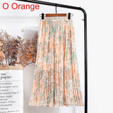 Women Chiffon Pleated Skirt Elastic High Waist Summer Print Casual Midi Long Skirt