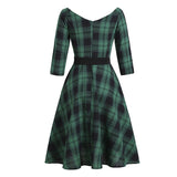 2021 Green Plaid Elegant 1950s Style Vintage Robe V Neck High Waist Dress 3/4 Length Sleeve Women Retro Clothes Midi Dresses