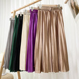 Women Shimmer Satin Midi Long Pleated Skirt With Belt Elastic High Waist Casual Skirts