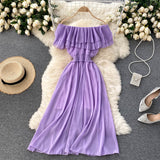 Women Solid Color Casual Chiffon Dress Elegant Double Ruffle Sexy Off Shoulder Dress Summer Clothes Sundress