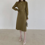 Autumn Winter Elegant Warm Knitted Dress With Belt Mock Neck Long Sleeve A Line Casual Midi Dress