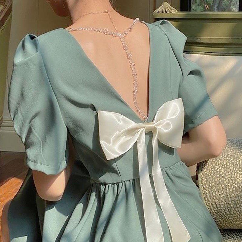 Backless Dress Women Casual Bow Design Vintage Short Sleeve Mini Dress jetechband Backless Dress Women Casual Bow Design Vintage Short Sleeve Mini Dress jetechband