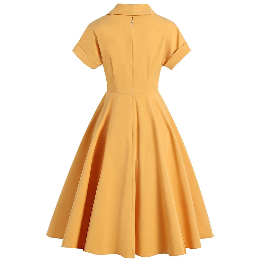 Short Sleeve Summer Women Casual Dress Turn Down Collar Solid Color Yellow Big Swing Rockabilly Vintage Party Dresses 50s