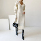 Elegant Winter Warm Thick Soft Knitted Sweater Dress Woman Long Sleeve U Neck Bodycon Midi Dress