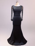 Black Formal Muslim Evening dress Long sleeve Zipper back O-neck Empire Party Gowns Elegant Floor-length Beading Prom dresses
