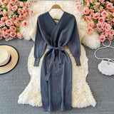 Women Sexy Crossover V Neck Long Sleeve Knitted Dress Autumn Winter Midi Dress With Belt Elegant Bodycon Dress