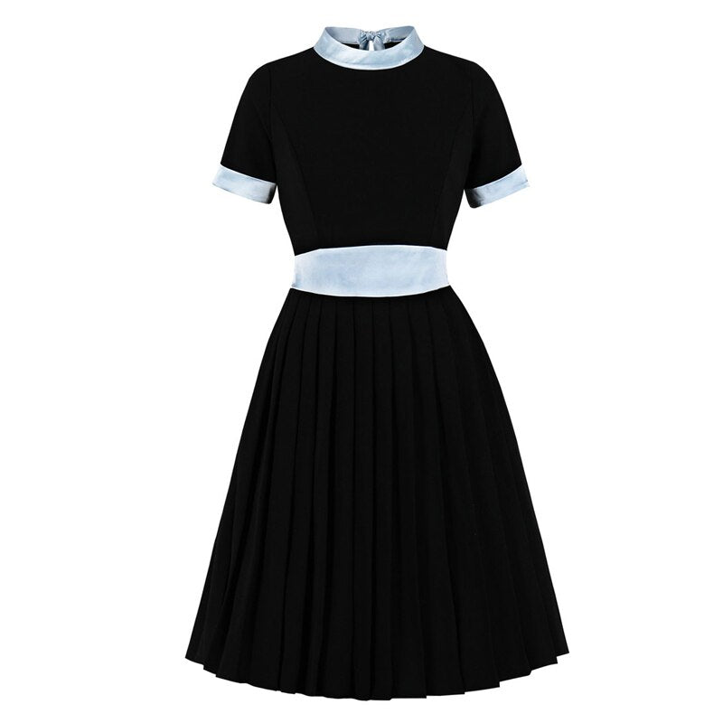 2021 Stand Collar High Waist Patchwork Elegant Black Pleated Runway Dress Women Bow Tie Back Knee Length Ladies Dresses