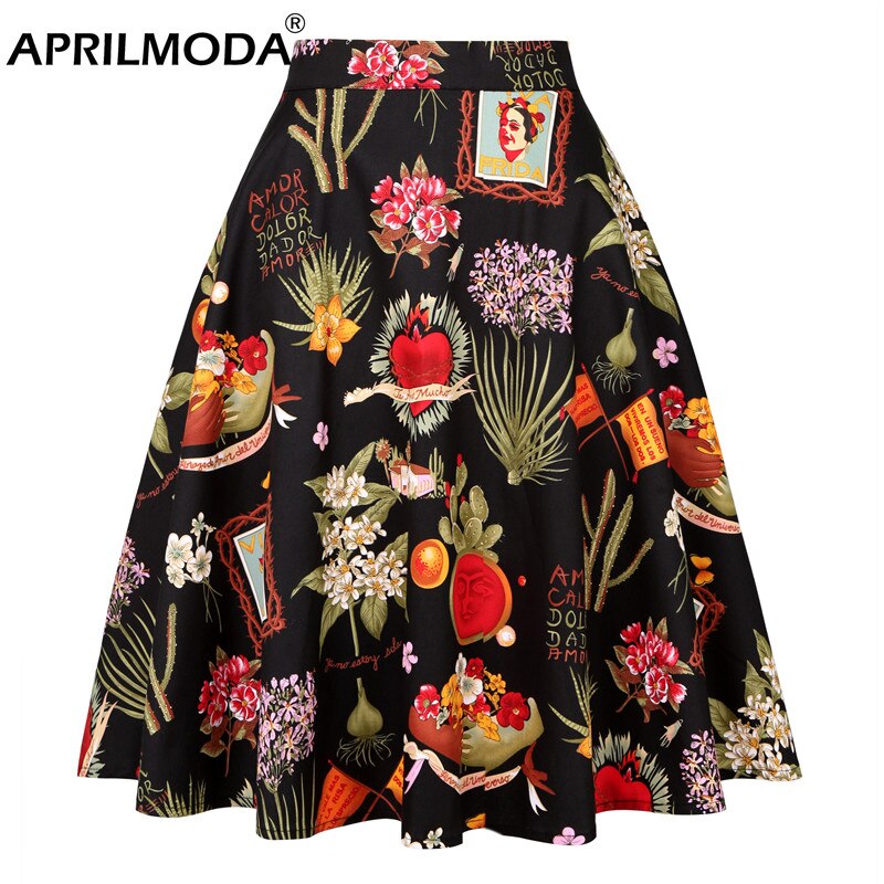 2021 Retro Vintage Women Skirts Summer Spring Casual Sundress High Waist Flared A-Line Back Zipper Knee Length 50s Skirts Lady