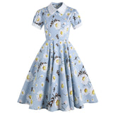 Flora Blue Summer Casual A Line Women Dress With Pocket Little Daisy Peter Pan Collar Swing Rockabilly 40s 50s 60s Sundress