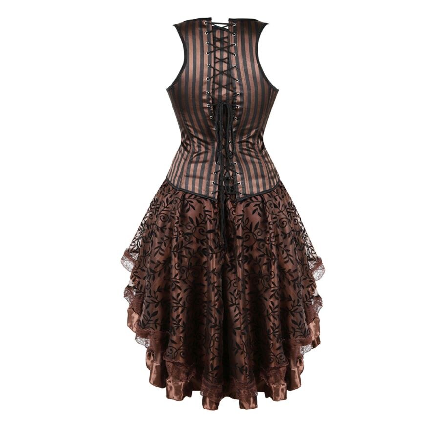 Women Steampunk Corset Dress Gothic Sexy Striped Underbust Corset Vest Bustier Top With Asymmetrical Floral Lace Skirt Set Brown