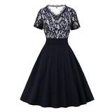 V Neck Short Sleeve Floral Lace Women Elegant Patchwork Dress Navy Blue A-Line Vintage Female Summer Knee-Length Dresses