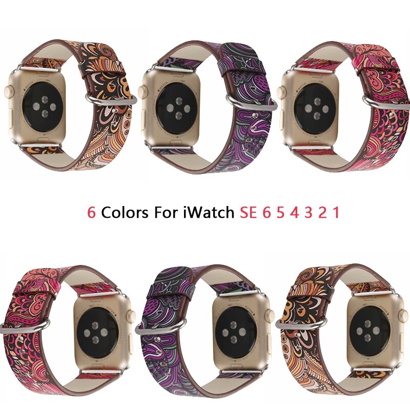 Dark flower Leather Bracelet for Apple Watch Band 6 SE 5 4 40/44mm Belt Wristband Strap for iWatch Series 3 2 38/42mm Watchband