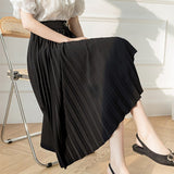 Women Summer High Waist Pleated Skirts Korean Style Solid Color Ladies Elegant A-line Long Skirt