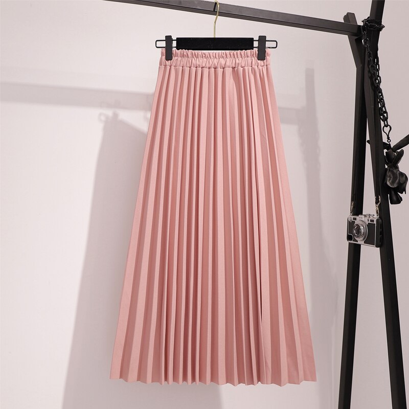 Spring Pleated Women Casual Solid Korean Elastic High Waist Midi Pink Black Skirt