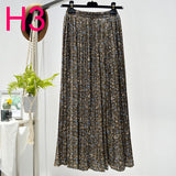 Summer New Vintage Floral Print Chiffon Pleated Skirt Elastic High Waist Casual Midi Skirt