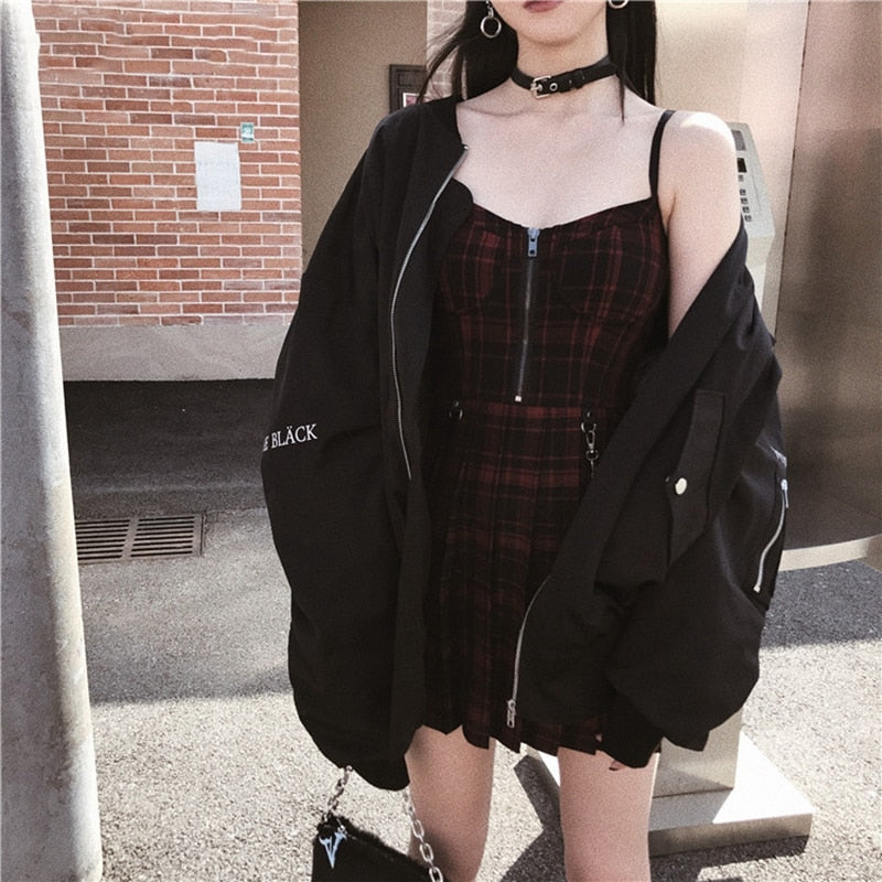 Harajuku Pleated Punk Gothic Mini Dress French Red Black Spaghetti Strap Sleeveless Mini Short Plaid Dresses Goth Streetwear