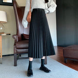 Ladies Elegant A-line Pleated Skirts Korean Style Vintage Woolen Women High Waist Long Skirt