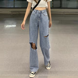 Women High Waist Casual Ripped Jeans Korean Style All-match Loose Ladies Denim Wide Leg Pants