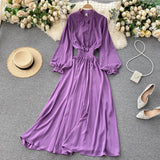 Party Evening Vintage Elegant Maxi Dress Spring Autumn Stand Collar Long Sleeve Long Shirt Dress