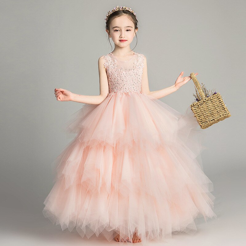 Beautiful Kids Girls Bridesmaid Ball Gown Party Lace High Low Formal Prom  Dress