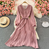 Party Elegant Vintage Midi Dress With Belt Autumn V Neck Long Sleeve Chic Office Pleated Dress